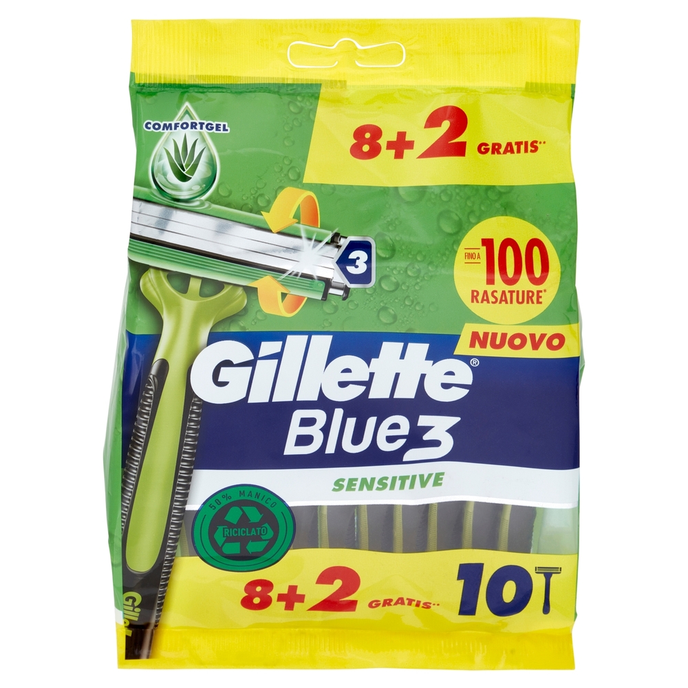 Gillette Rasoio Uomo Blue3 Sensitive Usa e Getta a 3 Lame, Confezione da 8 rasoi+2 Gratis = 10 Rasoi